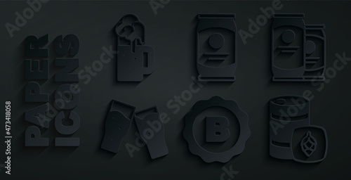 Set Bottle cap with beer, Beer can, Glass of, Metal keg, and Wooden mug icon. Vector
