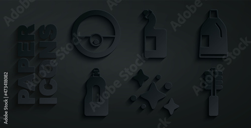 Set Home cleaning service, Bottle for agent, Dishwashing liquid bottle, Toilet brush, and Robot vacuum cleaner icon. Vector