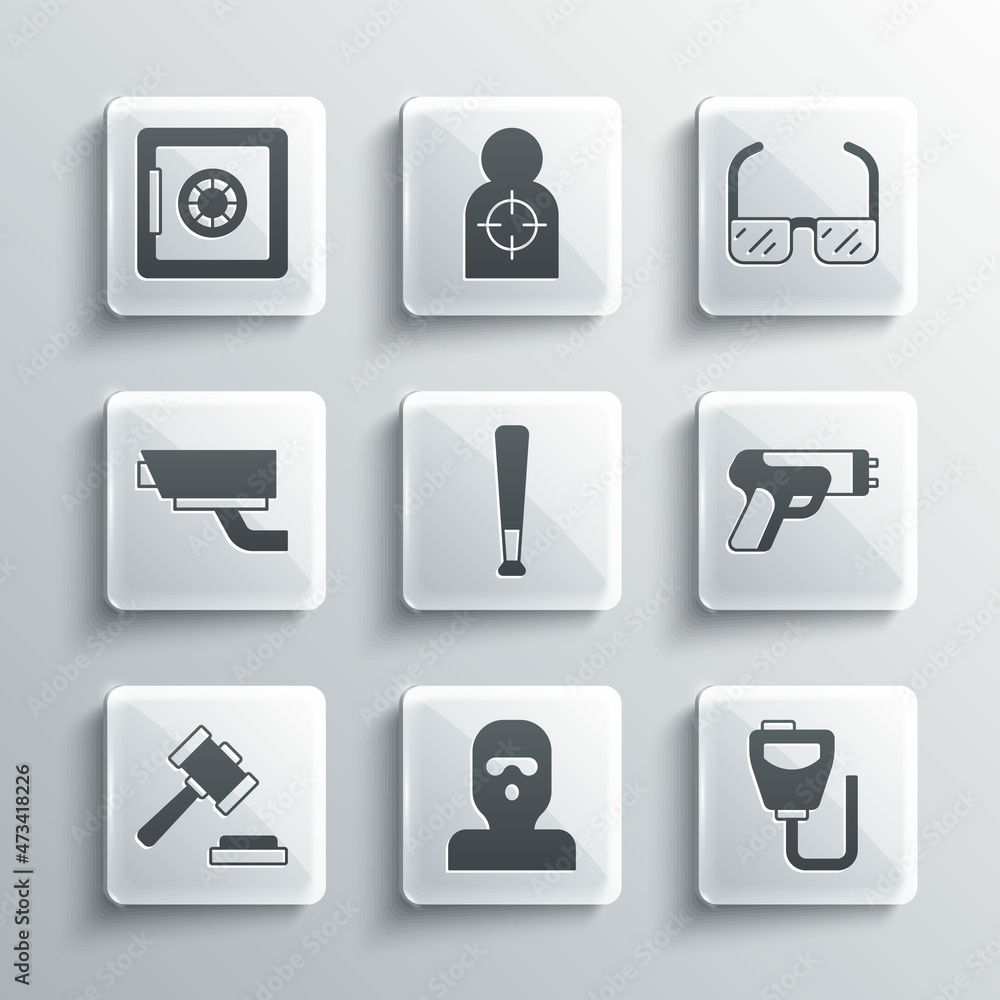 Set Thief mask, Walkie talkie, Police electric shocker, Baseball bat, Judge gavel, Security camera, Safe and Safety goggle glasses icon. Vector Set Thief mask, Walkie talkie, Police electric shocker, Baseball bat, Judge gavel, Security camera, Safe and Safety goggle glasses icon. Vector
