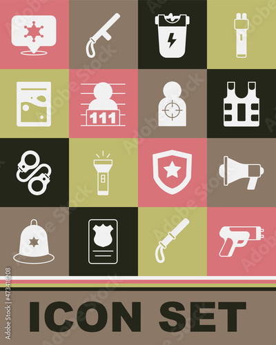 Set Police electric shocker, Megaphone, Bulletproof vest, Suspect criminal, Plastic bag drug, Hexagram sheriff and Human target sport for shooting icon. Vector