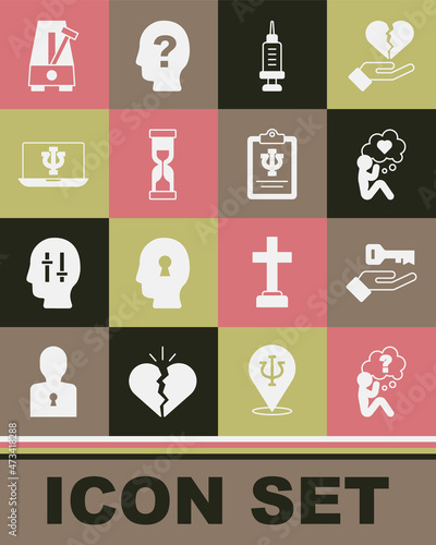 Set Head with question mark, Solution to the problem, heart, Addiction drug, Old hourglass, Psychologist online, Metronome pendulum and Psychology, Psi icon. Vector