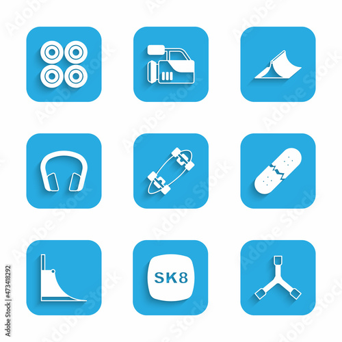 Set Longboard or skateboard, Skateboard, Y-tool, Broken deck, park, Headphones, and wheel icon. Vector