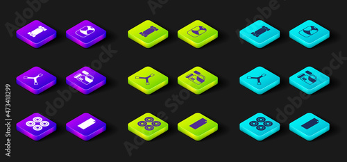 Set Skateboard wheel, Grip tape on skateboard, Y-tool, Cinema camera, Baseball cap and Longboard or icon. Vector