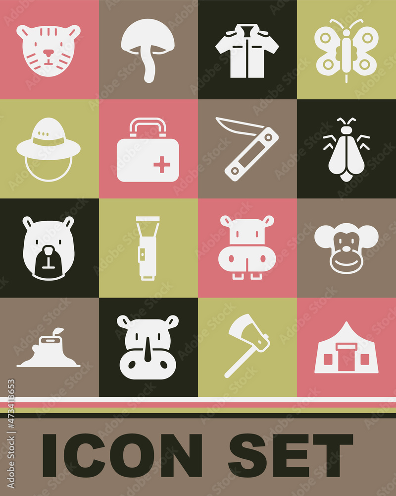 Set Tourist tent, Monkey, Mosquito, Shirt, First aid kit, Camping hat, Tiger head and Swiss army knife icon. Vector Set Tourist tent, Monkey, Mosquito, Shirt, First aid kit, Camping hat, Tiger head and Swiss army knife icon. Vector