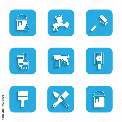 Set Paint spray gun, brush, bucket, Spray can nozzle cap, Tube with paint and, roller and icon. Vector