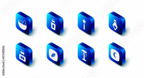 Set Bottle with potion, Magic wand, Moon stars, Medieval goblet, stone, and Witch cauldron icon. Vector