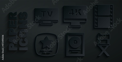 Set CD disk award in frame, Play video, Walk of fame star, Director movie chair, Screen tv with 4k and Smart Tv icon. Vector