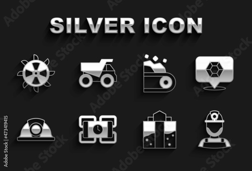 Set Dynamite, Gem stone, Miner in helmet, entrance, Conveyor belt carrying coal, Bucket wheel excavator and Mining dump truck icon. Vector