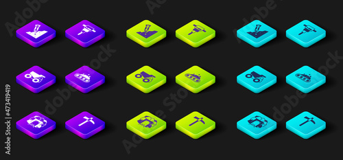 Set Mine entrance, Pickaxe, Mining dump truck, Conveyor belt carrying coal, Construction jackhammer and icon. Vector