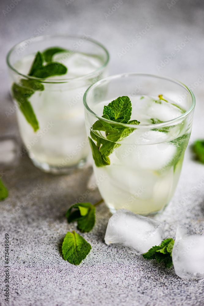 Organic food concept with ice water with mint