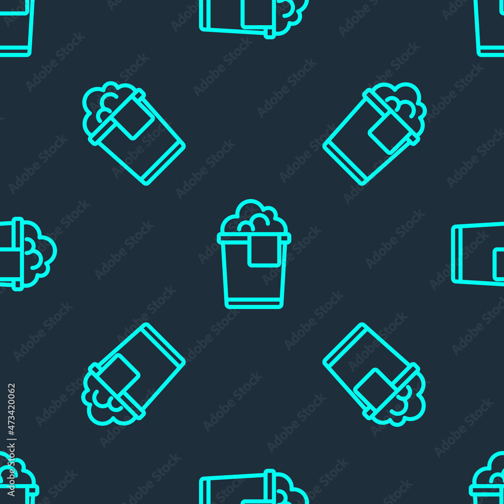 Green line Bucket with foam and bubbles icon isolated seamless pattern on blue background. Cleaning service concept. Vector Green line Bucket with foam and bubbles icon isolated seamless pattern on blue background. Cleaning service concept. Vector