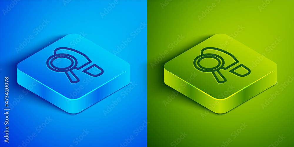 Isometric line Magnifying glass with footsteps icon isolated on blue and green background. Detective is investigating. To follow in the footsteps. Square button. Vector Isometric line Magnifying glass with footsteps icon isolated on blue and green background. Detective is investigating. To follow in the footsteps. Square button. Vector