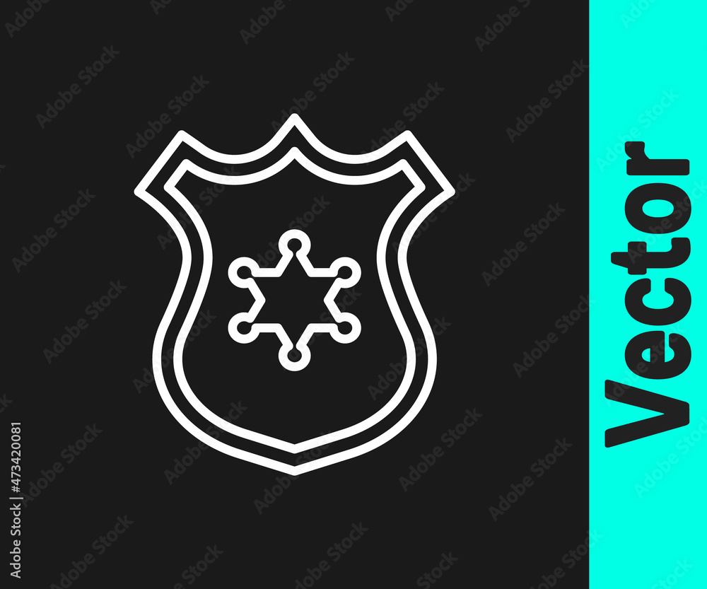 White line Police badge icon isolated on black background. Sheriff badge sign. Vector White line Police badge icon isolated on black background. Sheriff badge sign. Vector