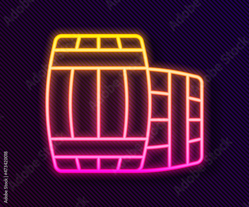 Glowing neon line Wooden barrel icon isolated on black background. Alcohol barrel, drink container, wooden keg for beer, whiskey, wine. Vector