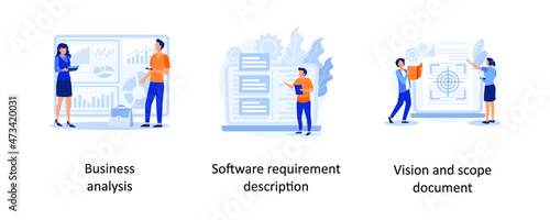 bussines analysis, software requirement description, vision and scope document. Project development specifications abstract concept vector illustration set. photo