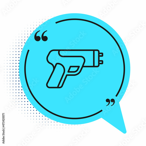 Black line Police electric shocker icon isolated on white background. Shocker for protection. Taser is an electric weapon. Blue speech bubble symbol. Vector