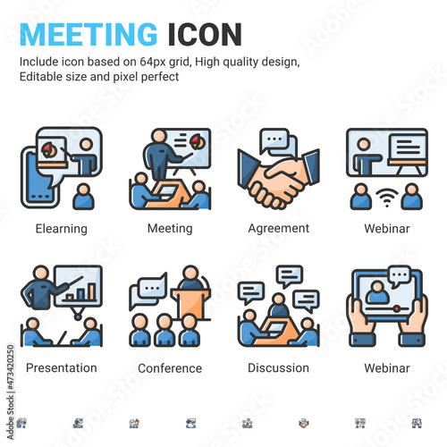 Vector outline icons about meeting with outline color style isolated on white background. Icon conference, presentation, webinar, office and coworking sign symbol concept for business. Editable stroke