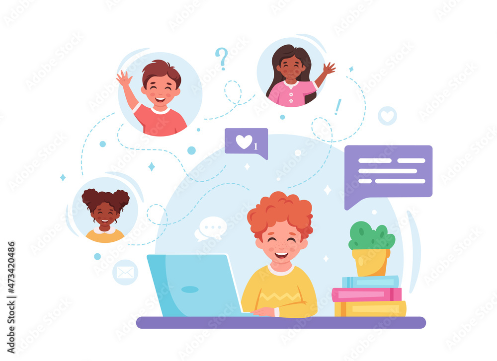 Children communicating online. Video call with friends, chatting online. Online studying, distance learning. Vector illustration Children communicating online. Video call with friends, chatting online. Online studying, distance learning. Vector illustration
