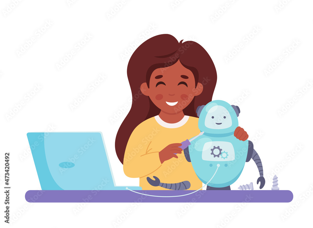 Little girl building a robot. Robotics, programming and engineering for kids. Vector illustration Little girl building a robot. Robotics, programming and engineering for kids. Vector illustration