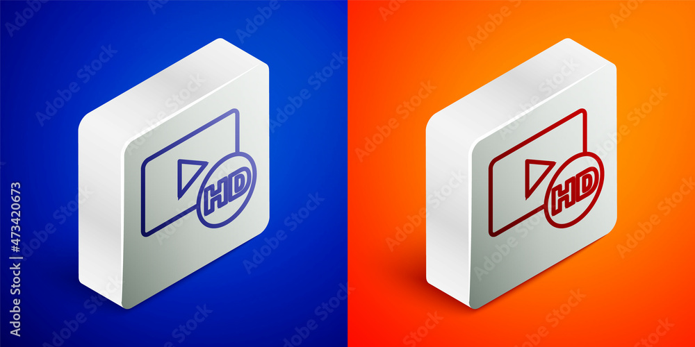 Isometric line Hd movie, tape, frame icon isolated on blue and orange background. Silver square button. Vector Isometric line Hd movie, tape, frame icon isolated on blue and orange background. Silver square button. Vector