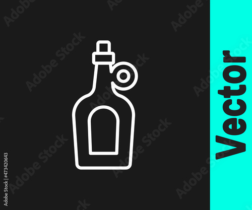 White line Bottle of maple syrup icon isolated on black background. Vector