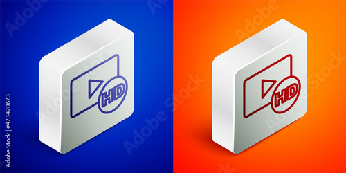 Isometric line Hd movie, tape, frame icon isolated on blue and orange background. Silver square button. Vector