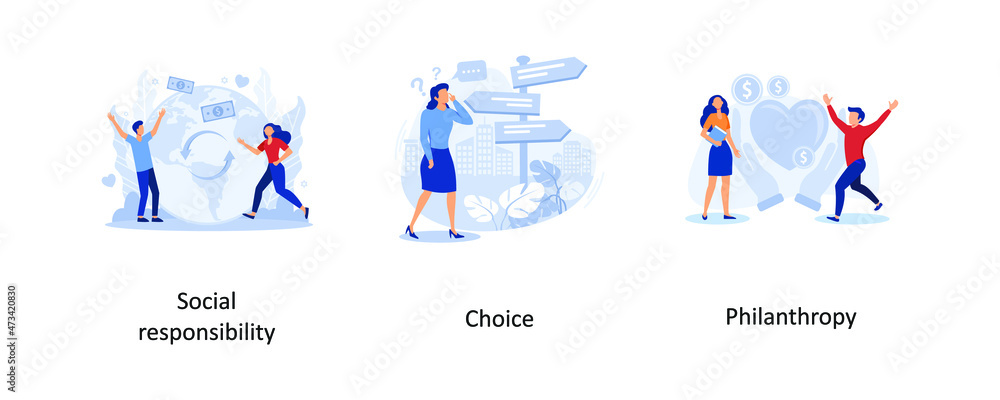 Fototapeta premium Social responsibility, choice, Philanthropy. Decision making abstract concept vector illustration set. 