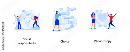 Social responsibility, choice, Philanthropy. Decision making abstract concept vector illustration set. 