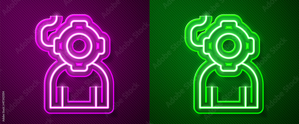 Glowing neon line Aqualung icon isolated on purple and green background. Diving helmet. Diving underwater equipment. Vector Glowing neon line Aqualung icon isolated on purple and green background. Diving helmet. Diving underwater equipment. Vector