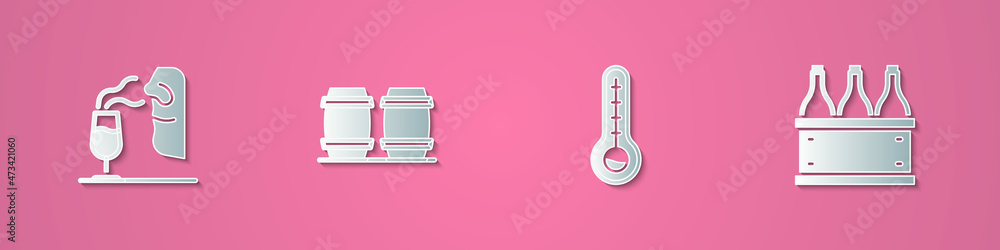 Set paper cut Sommelier, Wooden barrel for wine, Meteorology thermometer and Bottles of box icon. Paper art style. Vector Set paper cut Sommelier, Wooden barrel for wine, Meteorology thermometer and Bottles of box icon. Paper art style. Vector