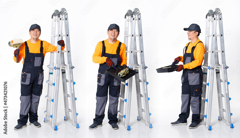Senior Asian Man wear Orange uniform shirt hat and glove as painter labor with metal tall ladder Senior Asian Man wear Orange uniform shirt hat and glove as painter labor with metal tall ladder