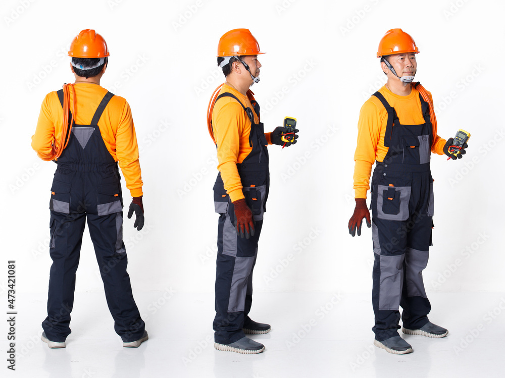 Senior Asian Man wear Orange uniform shirt hat and glove as electric fix repair guy with cable