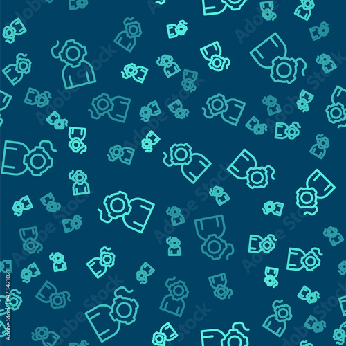 Green line Aqualung icon isolated seamless pattern on blue background. Diving helmet. Diving underwater equipment. Vector