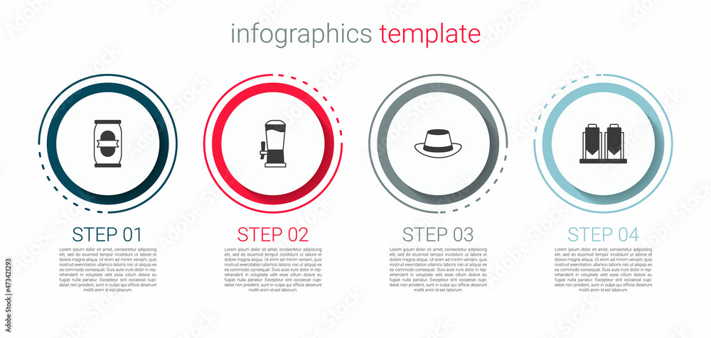 Set Beer can, tap, Oktoberfest hat and brewing process. Business infographic template. Vector Set Beer can, tap, Oktoberfest hat and brewing process. Business infographic template. Vector