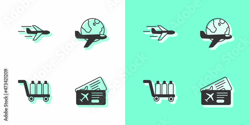 Set Airline ticket, Plane, Trolley baggage and Globe with flying plane icon. Vector