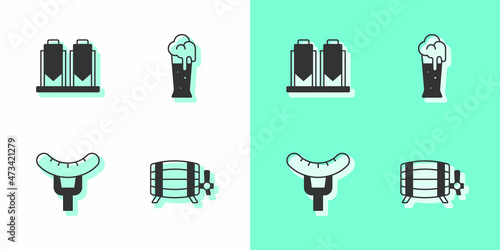 Set Wooden barrel, Beer brewing process, Sausage on the fork and Glass of beer icon. Vector
