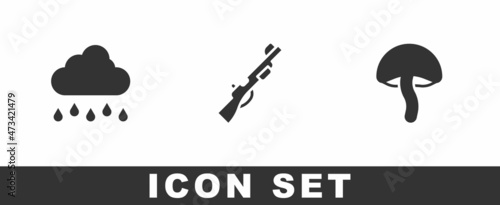 Set Cloud with rain, Hunting gun and Mushroom icon. Vector