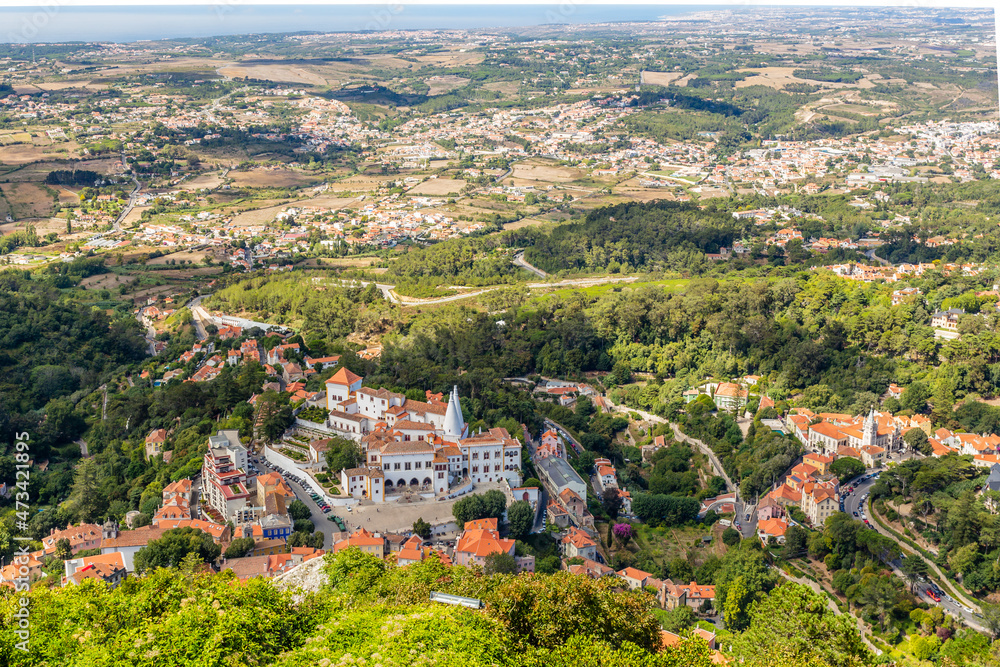 Aerial panorama with Palace of Sintra in the middle, Sintra, Portugal