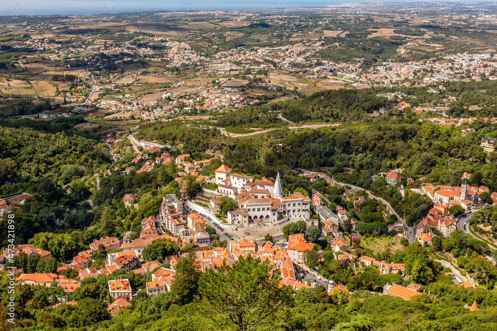 Aerial panorama with Palace of Sintra in the middle, Sintra, Portugal