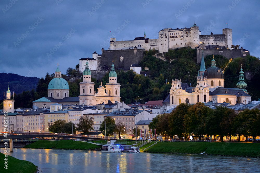 Austrian cityscape at night with fortress Austrian cityscape at night with fortress