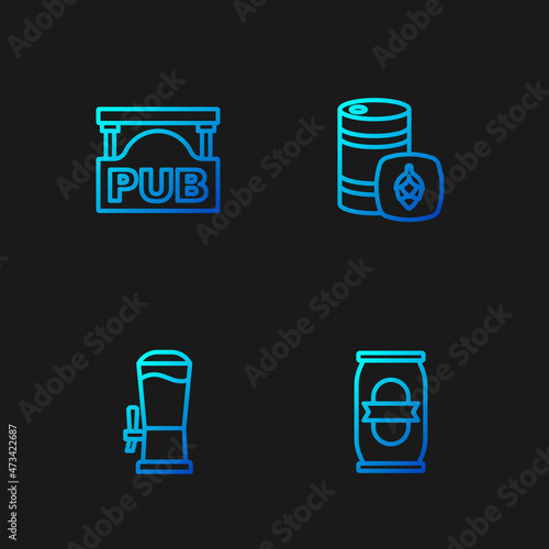Set line Beer can, tap, Street signboard with Pub and Metal beer keg. Gradient color icons. Vector