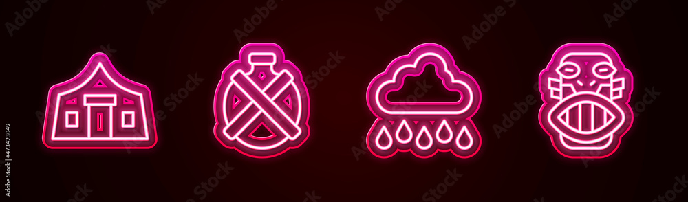 Set line Tourist tent, Canteen water bottle, Cloud with rain and Mexican mayan or aztec mask. Glowing neon icon. Vector