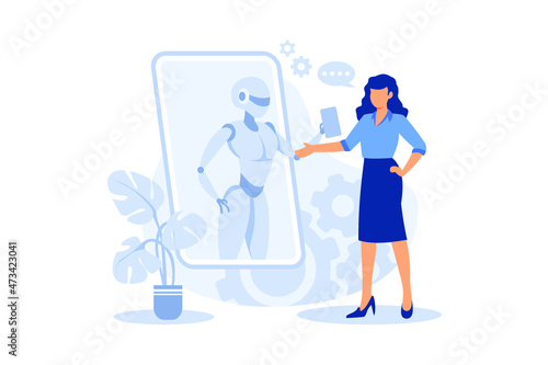 Chatbot voice controlled virtual assistant, chatbot self learning, Chatbot customer service. Smartphone voice application abstract concept vector illustration set.
