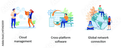 Cloud management  Cross platform software  Global network connection. Global communication abstract concept vector illustration set.
