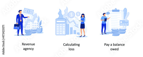 Revenue agency, Calculating loss, Pay a balance owed. Accountancy service abstract concept vector illustrations.