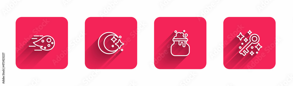 Set line Fireball, Moon and stars, Witch cauldron and Old magic key with long shadow. Red square button. Vector Set line Fireball, Moon and stars, Witch cauldron and Old magic key with long shadow. Red square button. Vector