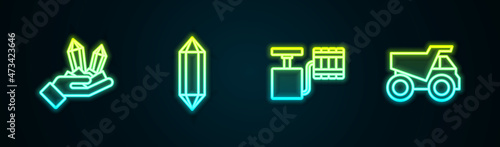 Set line Gem stone, Handle detonator and Mining dump truck. Glowing neon icon. Vector