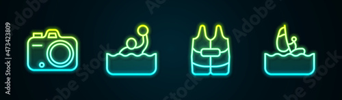 Set line Photo camera, Water polo, Life jacket and Windsurfing. Glowing neon icon. Vector