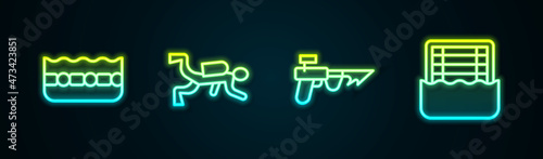 Set line Swimming pool, Scuba diver, Fishing harpoon and Water polo. Glowing neon icon. Vector