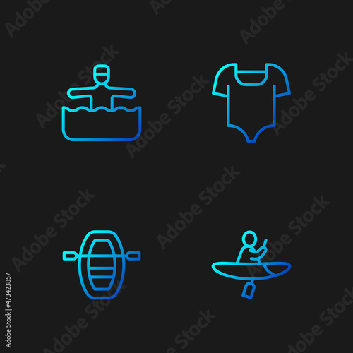 Set line Kayak and paddle, Boat with oars, Water gymnastics and Swimsuit. Gradient color icons. Vector